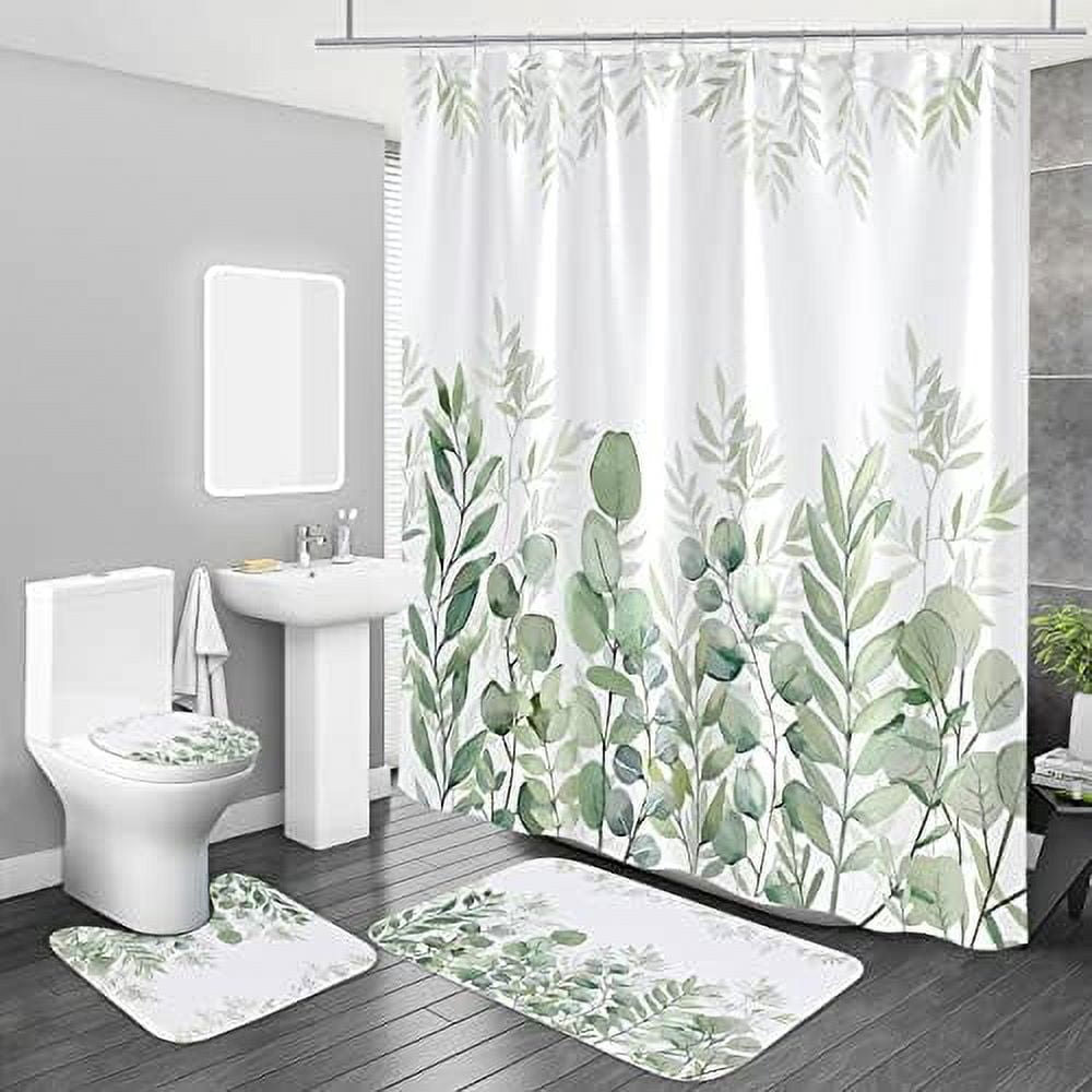 4 Pcs Sage Green Plant Leaves Bathroom Sets with Shower Curtain and