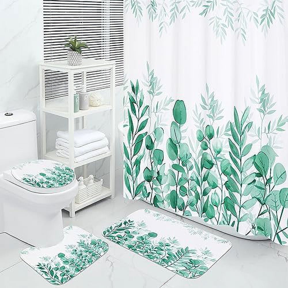 4 Pcs Sage Green Plant Leaves Bathroom Sets with Shower Curtain and