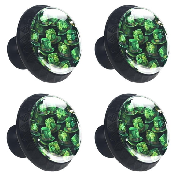 4 Pcs Saint Patrick's Clover Hat Print Cabinet Knobs 30mm Round Crystal Glass Drawer Handles Pulls with Screws for Kitchen Cupboard Wardrobe Closet Dresser, Home&Office