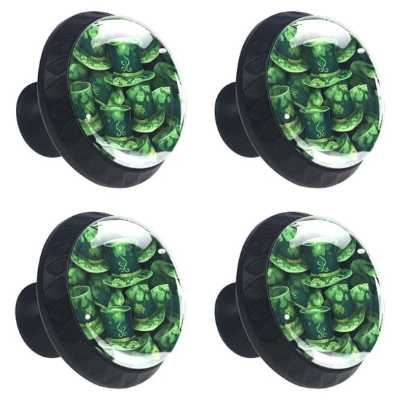 4 Pcs Saint Patrick's Clover Hat Print Cabinet Knobs 30mm Round Crystal Glass Drawer Handles Pulls with Screws for Kitchen Cupboard Wardrobe Closet Dresser, Home&Office