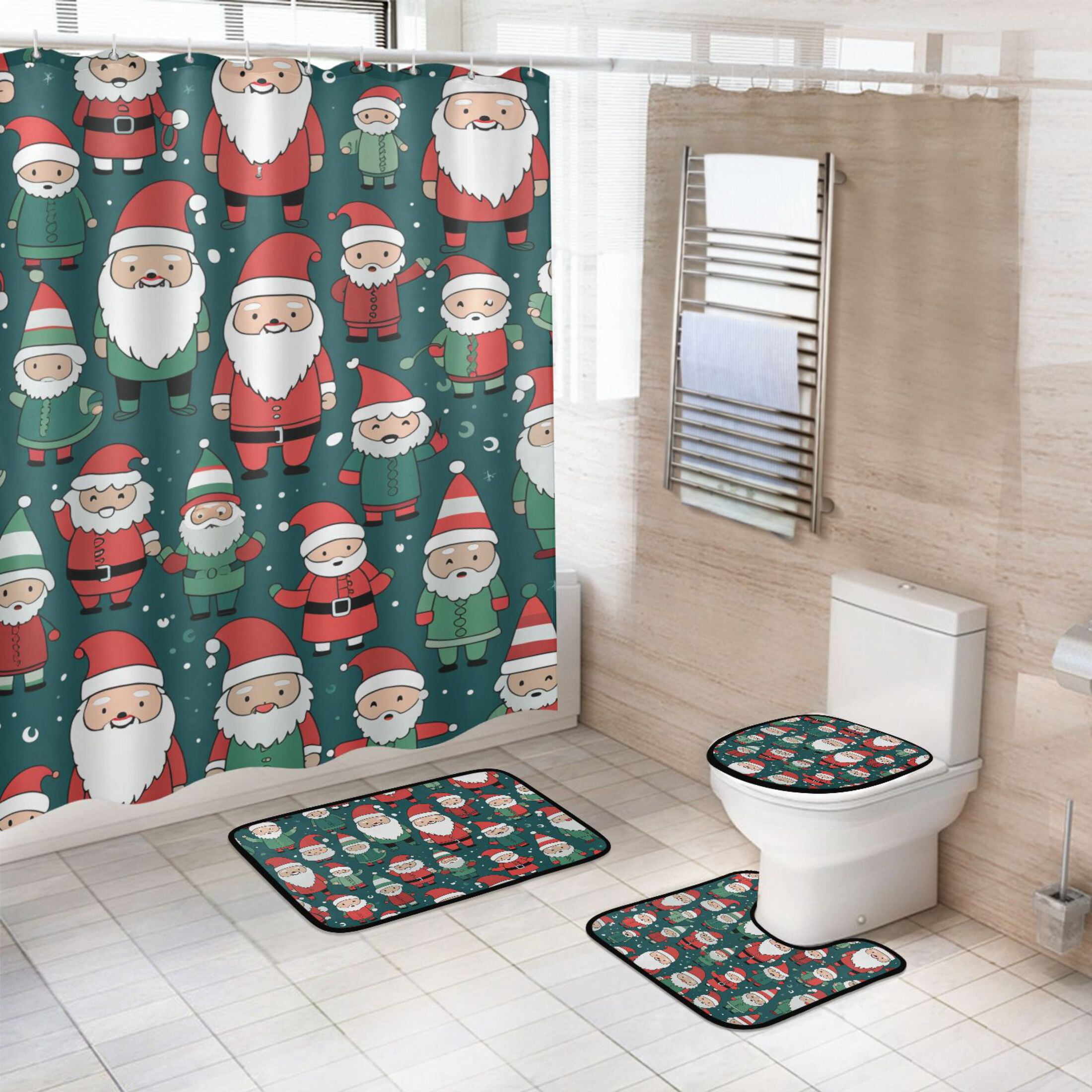 4 Pcs Santa Claus Christmas Bathroom Shower Curtain Set with 12 Hooks ...