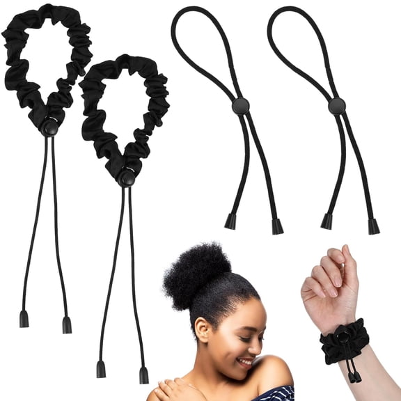 4 Pcs Satin Hair Ties, Adjustable Loc Accessories for Black Women, Afro Puff Ponytail, Thick Curly Hair Scrunchies (Black)
