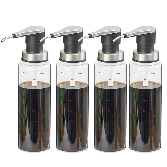 4 Pcs Sauce Pump Dispensers, Coffee Syrup Dispensers, 16.9 oz Stainless Steel Pressing Sauce Bottles, Clear Glass Salad Dressing Containers, Leak-Proof Pump Design