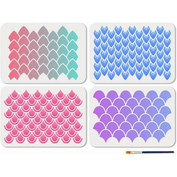 4 Pcs Scale Stencils Reusable Dragon Scale Texture Stencils for Painting 11.78.3 Inches Animal Flake Drawing Templates with Paint Brush for Makeup Face Wall Decoration White