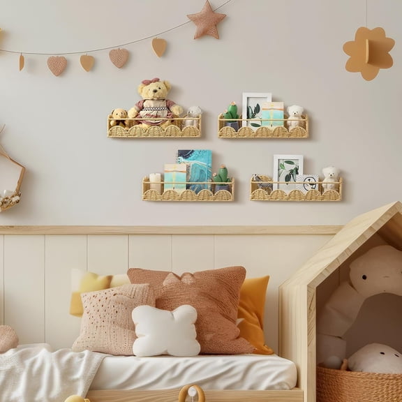 4 Pcs Scalloped Rattan Wall Shelves Boho Floating Rattan Scalloped Book Shelf Decorative Wall Mounted Bookshelf for Kids Nursery, 15.75 x 3.94 Inch