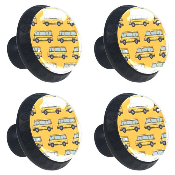 4 Pcs School Buses Print Cabinet Knobs 30mm Round Crystal Glass Drawer Handles Pulls with Screws for Kitchen Cupboard Wardrobe Closet Dresser, Home&Office