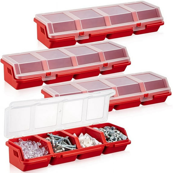 4 Pcs Screw Organizers and Storage Bins with Locks Plastic Hardware Organizer Box Compartment Bolt Red