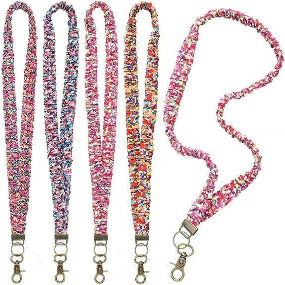 4 Pcs Scrunchie Lanyards for ID Badges and Keys Retractable Cute Scrunchie Neck Keychain with Clip Stretchy Lanyards for Teacher Women Nurses School Office
