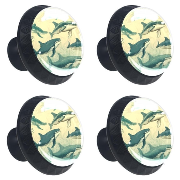 4 Pcs Sea Animal Whales Print Cabinet Knobs 30mm Round Crystal Glass Drawer Handles Pulls with Screws for Kitchen Cupboard Wardrobe Closet Dresser, Home&Office