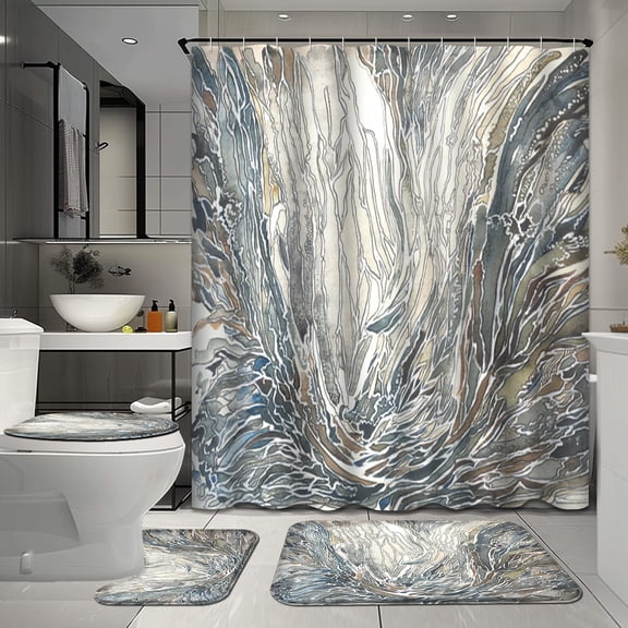 4 Pcs Sea Bathroom Shower Curtain Sets with Rugs, Corals Starfish Bathroom Sets with Shower Curtain and Rugs, Blue White Bathroom Decor Sets with Mats and Towels