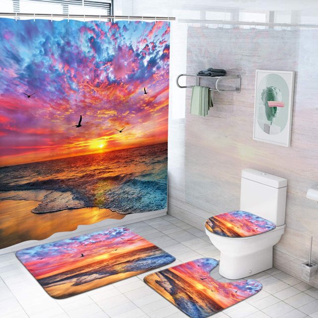 4 Pcs Seagull Beach Shower Curtain Sets with Rugs Toilet Lid Cover and