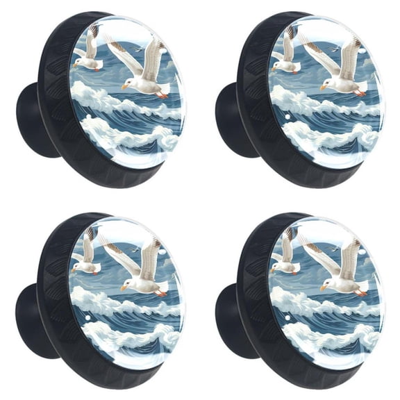 4 Pcs Seagull Flying over Sea Waves Print Cabinet Knobs 30mm Round Crystal Glass Drawer Handles Pulls with Screws for Kitchen Cupboard Wardrobe Closet Dresser, Home&Office