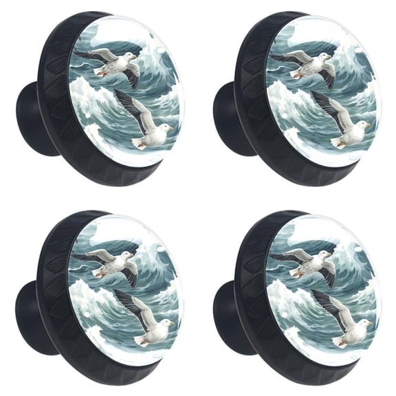 4 Pcs Seagull Flying over Sea Waves Print Cabinet Knobs 30mm Round Crystal Glass Drawer Handles Pulls with Screws for Kitchen Cupboard Wardrobe Closet Dresser, Home&Office