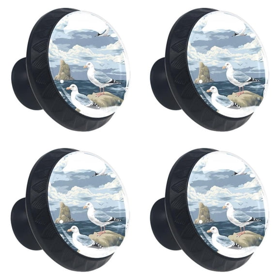 4 Pcs Seagull Standing on Sea Wave Stone Print Cabinet Knobs 30mm Round Crystal Glass Drawer Handles Pulls with Screws for Kitchen Cupboard Wardrobe Closet Dresser, Home&Office
