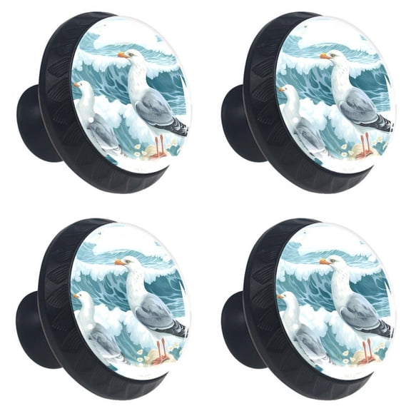 4 Pcs Seagull Standing on Sea Wave Stone Print Cabinet Knobs 30mm Round Crystal Glass Drawer Handles Pulls with Screws for Kitchen Cupboard Wardrobe Closet Dresser, Home&Office
