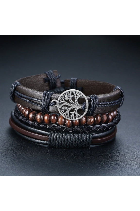 4 Pcs Set Braided Wrap Leather Bracelets for Men - Vintage, Life Tree, Rudder Charm, Wood Beads Wrist Wear