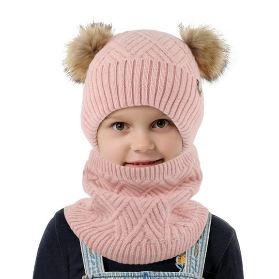 4 Pcs Set Children Hat Neck Gloves Set,Winter Knitted Hat With Pompom & Warm Lined -Thick Soft Yarn Cap,Warm Thermal for Cold Weather Outdoor Activities,Size:2-10