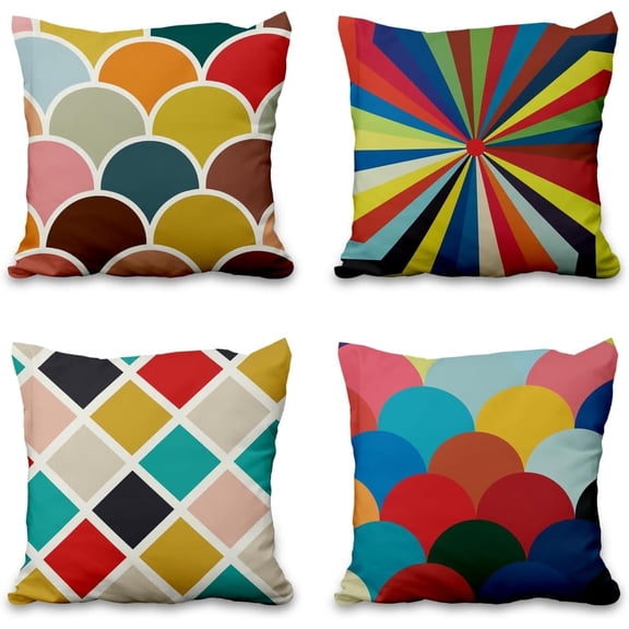 4 Pcs/Set Colorful Geometry Throw Pillow Covers Rainbow Round Square Pattern Spring Boho Minimalist Pillow Decoration Gift Linen Pillow Cases for Outdoor Sofa Couch Decorative, 16"x16"