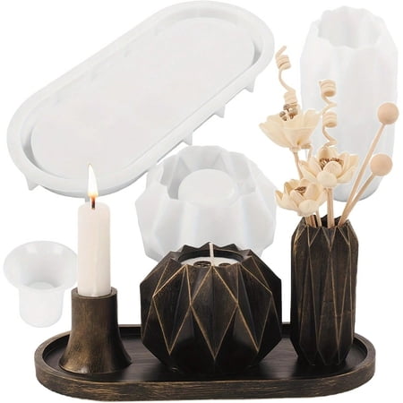 4 Pcs/Set Cut Diamond Vase Silicone Molds, DIY Oval Tray Epoxy Resin Molds for Handmade Plaster, Concrete Crafts, Mirror Candle Holder, Home Decoration - Perfect Gift for DIY Lovers