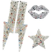 4 Pcs/Set Rhinestone Patches Shinny Lips/Star/Lightning Shaped Iron On/Sew On Glitter Crystals Applique Clothes Decorative Accessories for DIY Craft Clothing Repair