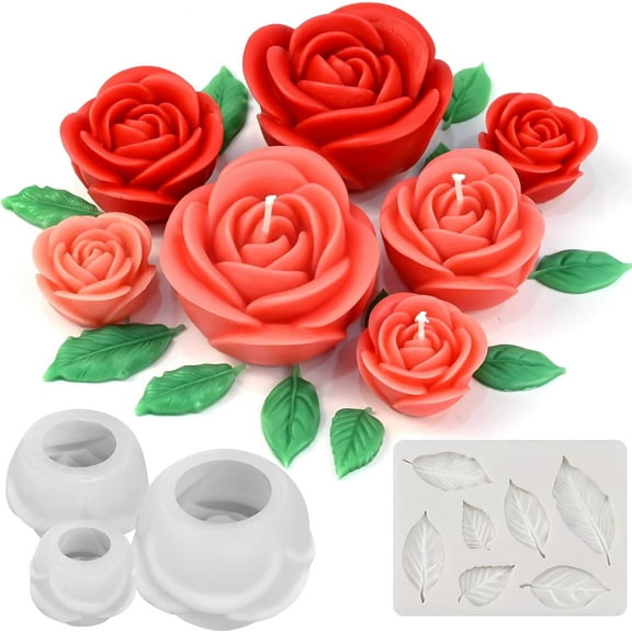 4 Pcs Set of Rose Candle Molds,  Large + Medium + Small 3D Rose Flower Silicone Molds with Leaf Mold for Candle Making, Epoxy Resin Casting, Wax Soap Clay Plaster Home Dcor Handmade Gift