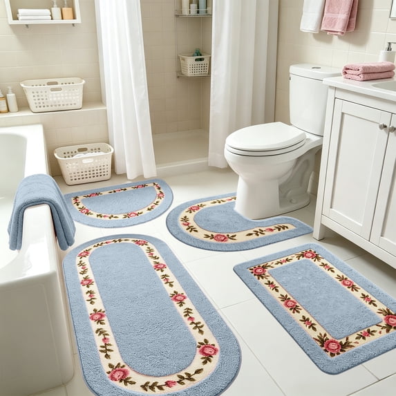 4-Pcs/Set Rose Floral Bathroom Rug Set - Non-Slip Absorbent Washable Bath Mats for Shower, Tub, Toilet & Sink