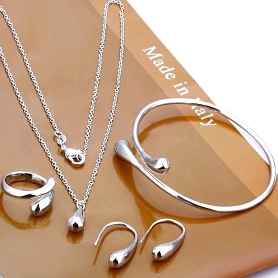 4 Pcs/Set Women Jewelry Set Water Drop Shape Polished Metal Adjustable Open Design Earrings Necklace Bangle Ring Set Lady Daily Jewelry