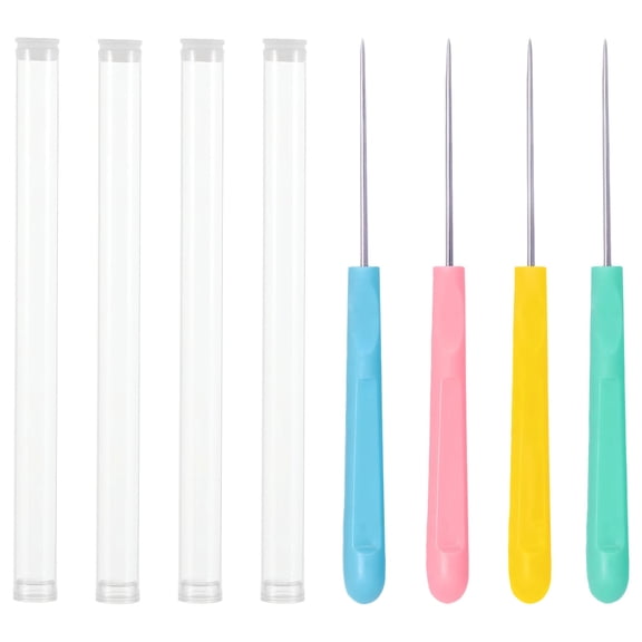 4 Pcs Sewing Awl Tool Set, 5.4 in / 13.6 cm Multicolor Plastic Handle Scriber Needle with Protective Tube, Hand Stitching Punching Tool for Leather DIY Craft