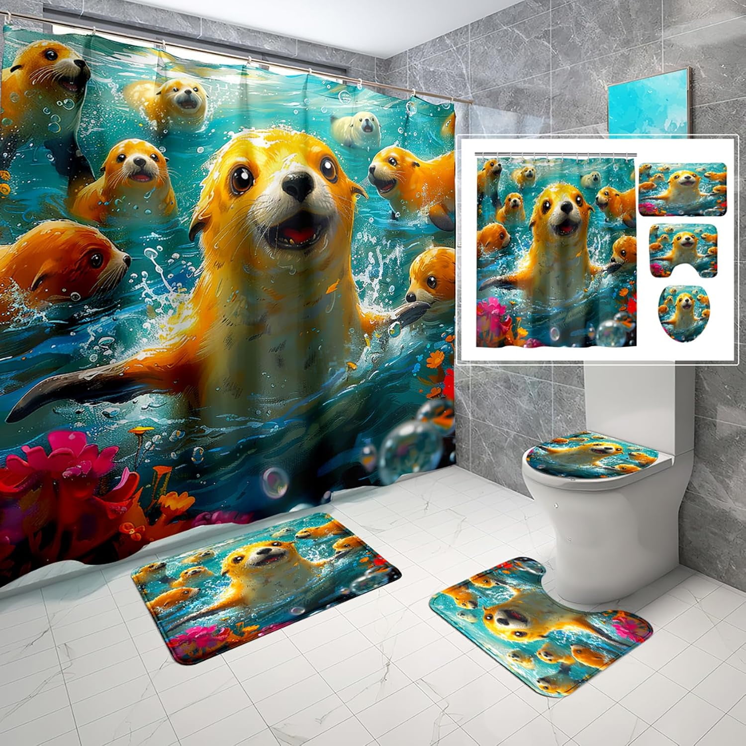 4 Pcs Shark Shower Curtain Set - Shark Bath Curtain, Blue Shark Bathroom Ocean Themed Shower Curtain for Kids Boys Girls, Sea Animal Shower Curtain with Rug, Toilet Cover, Bath Mat with 12 Hooks