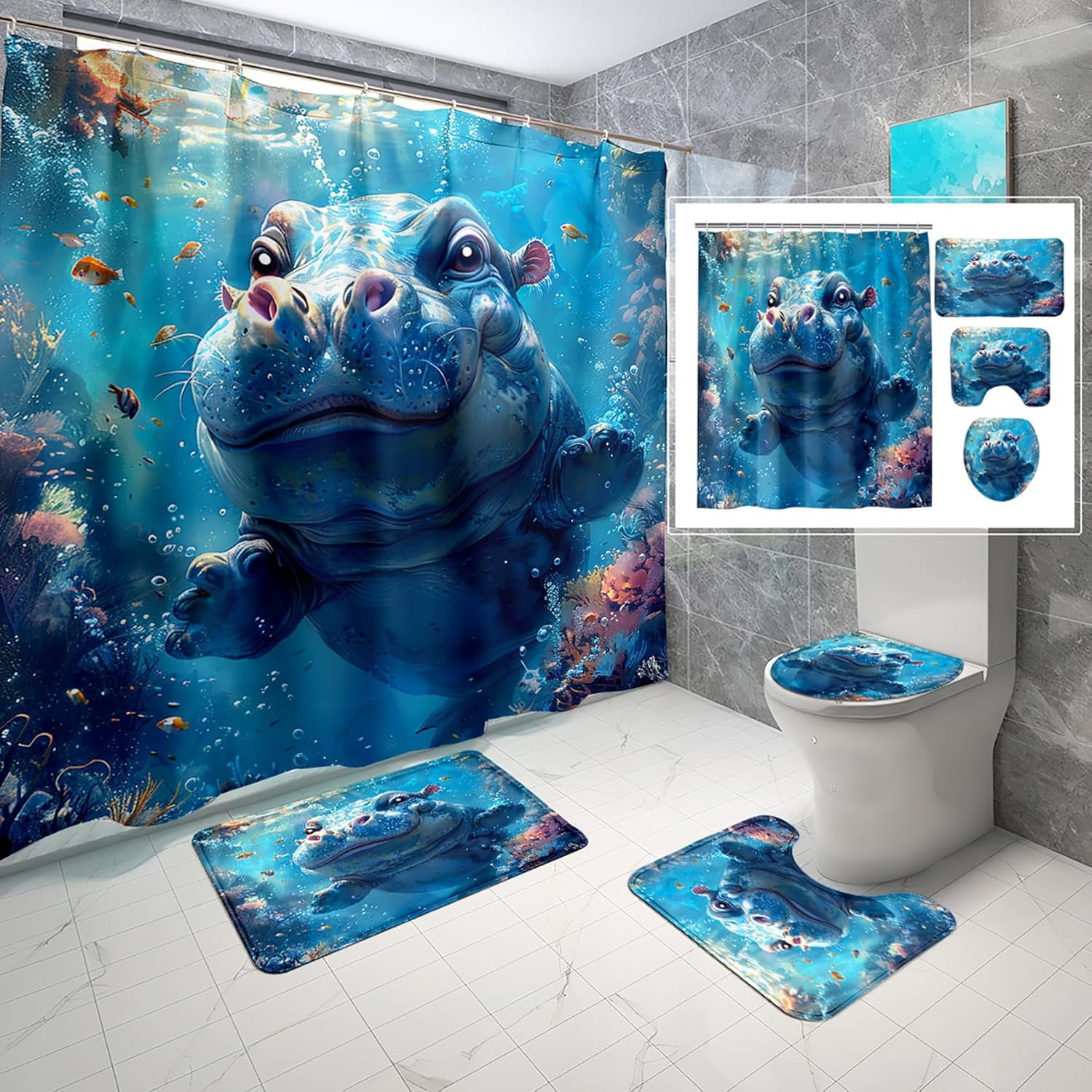 4 Pcs Shark Shower Curtain Set - Shark Bath Curtain, Blue Shark Bathroom Ocean Themed Shower Curtain for Kids Boys Girls, Sea Animal Shower Curtain with Rug, Toilet Cover, Bath Mat with 12 Hooks