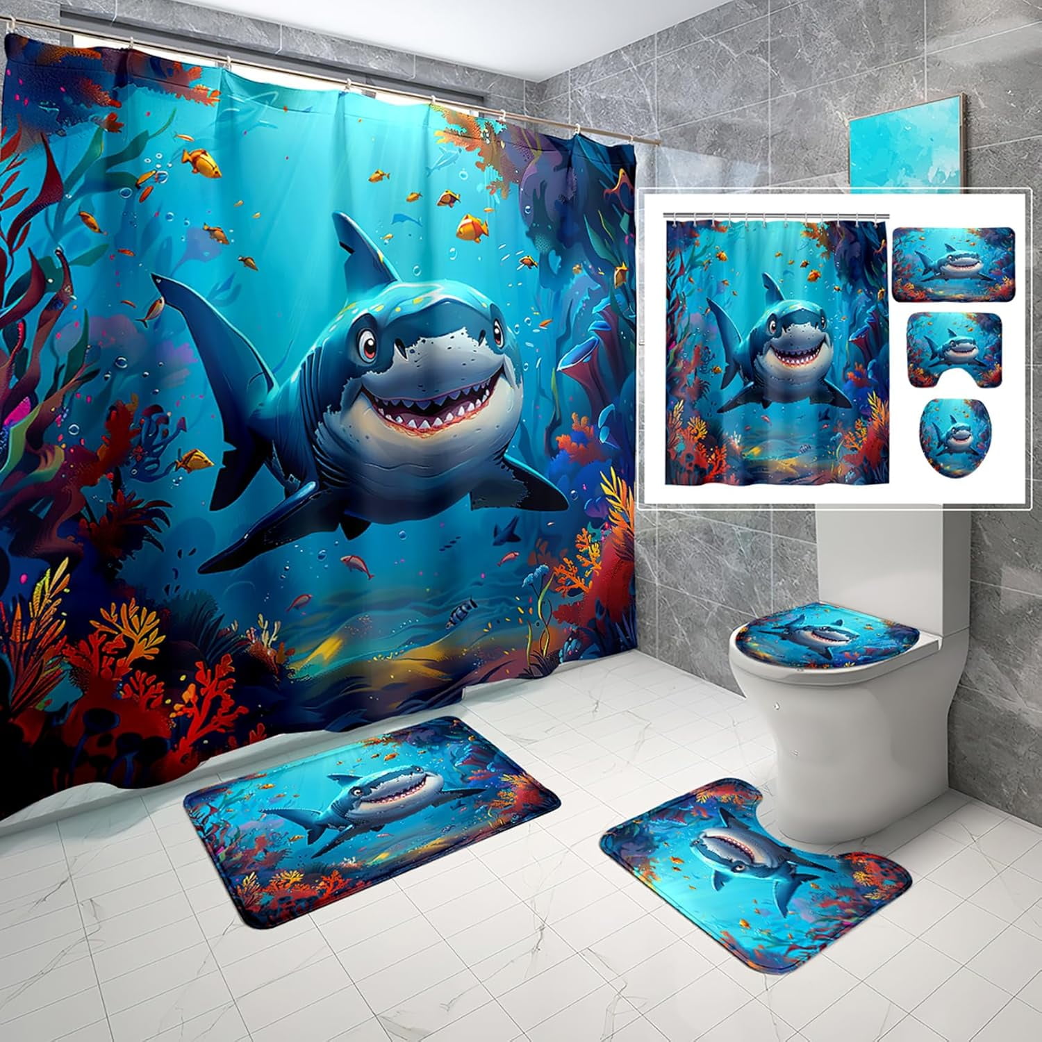 4 Pcs Shark Shower Curtain Set - Shark Bath Curtain, Blue Shark Bathroom Ocean Themed Shower Curtain for Kids Boys Girls, Sea Animal Shower Curtain with Rug, Toilet Cover, Bath Mat with 12 Hooks