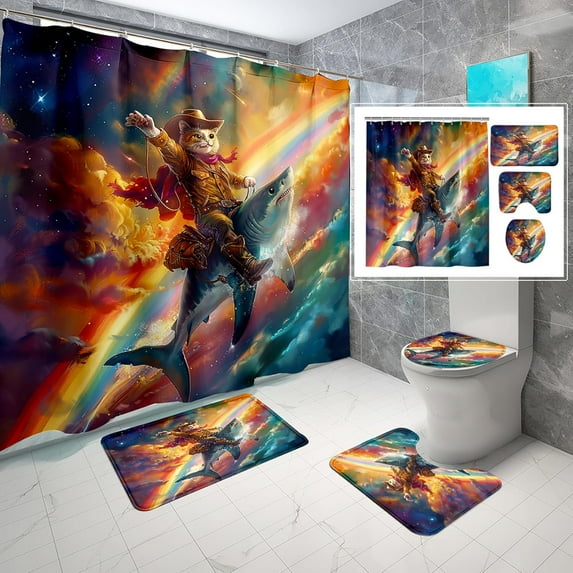 4 Pcs Shark Shower Curtain Set - Shark Bath Curtain, Blue Shark Bathroom Ocean Themed Shower Curtain for Kids Boys Girls, Sea Animal Shower Curtain with Rug, Toilet Cover, Bath Mat with 12 Hooks