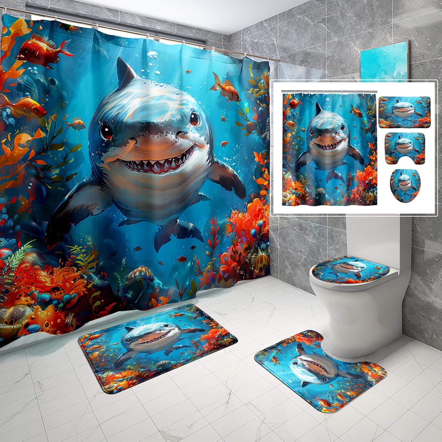 4 Pcs Shark Shower Curtain Set - Shark Bath Curtain, Blue Shark Bathroom Ocean Themed Shower Curtain for Kids Boys Girls, Sea Animal Shower Curtain with Rug, Toilet Cover, Bath Mat with 12 Hooks