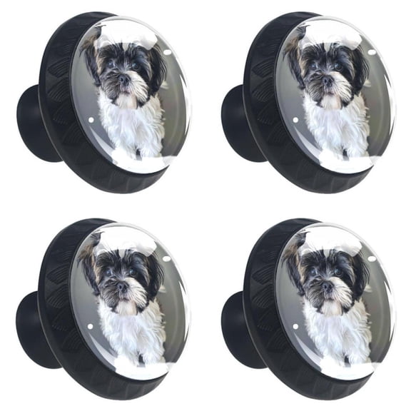 4 Pcs Shih Tzu Puppy Dog Print Cabinet Knobs 30mm Round Crystal Glass Drawer Handles Pulls with Screws for Kitchen Cupboard Wardrobe Closet Dresser, Home&Office