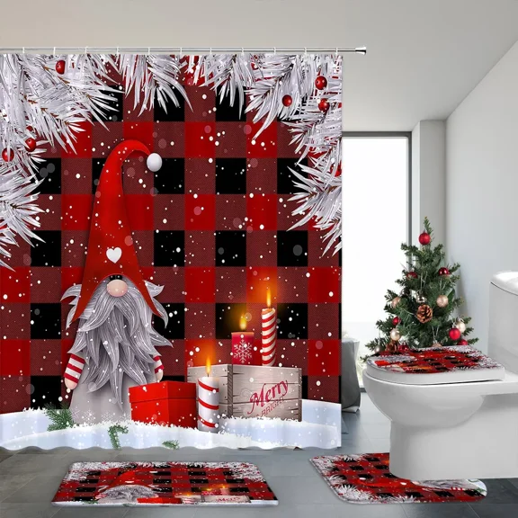 4 Pcs Shower Curtain And Rug Bathroom Set Snowman Gift Cedar Polyester Shower Curtain Bath Mat Bathroom