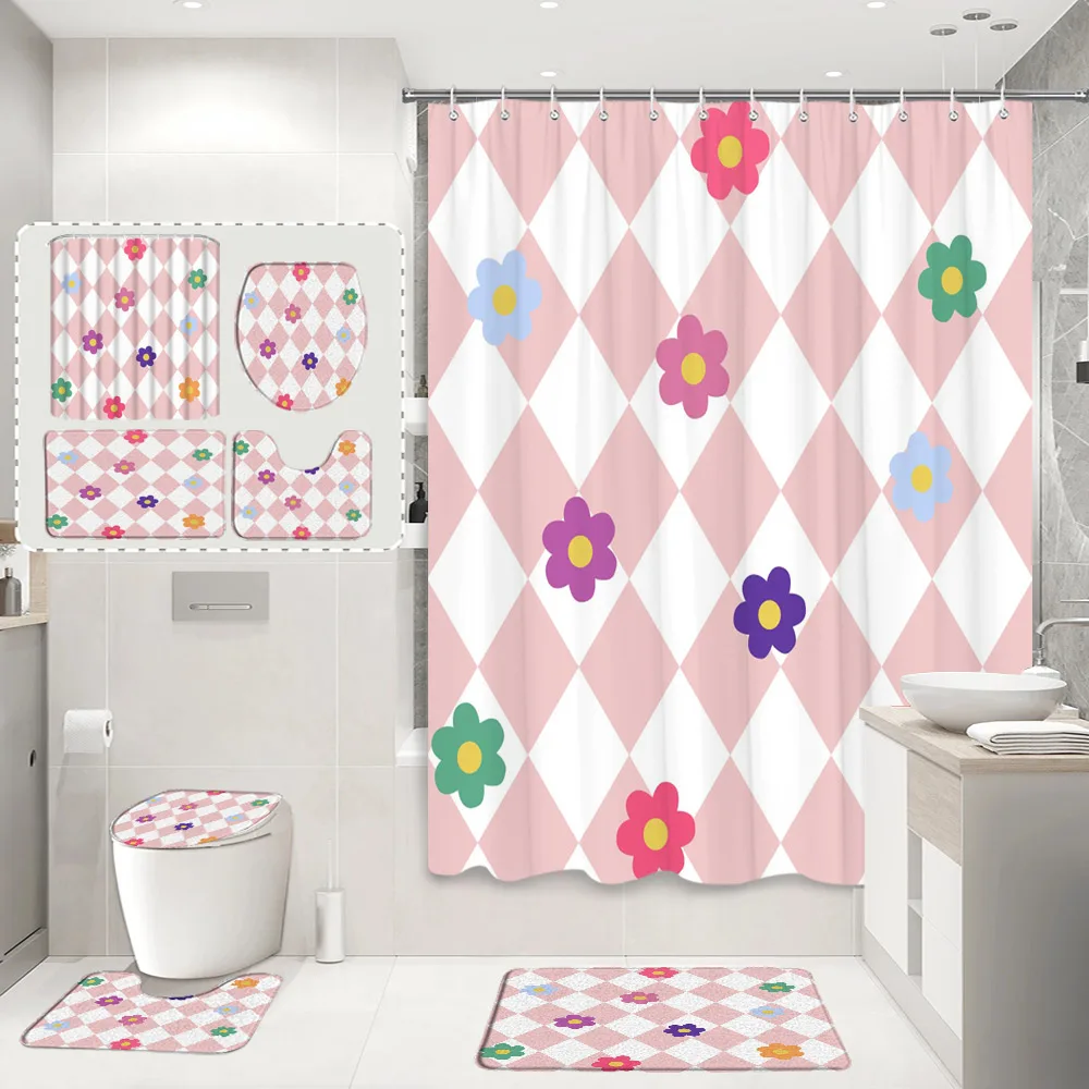 4 Pcs Shower Curtain Kids Shower Curtain Sets with Rugs Cute Polyester ...