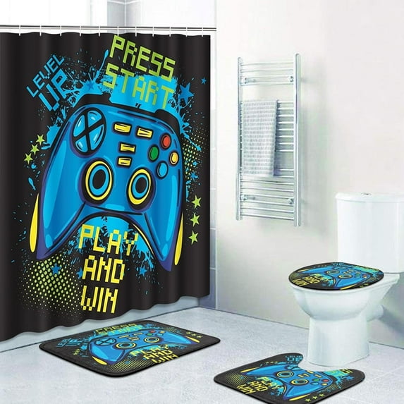 4 Pcs Shower Curtain Set with 12 Hooks, Gamer Game Funny Gaming, Bathroom Decor Kids Boy Girl Video Bathing with Non-Slip Rugs Toilet Lid Cover Bath Mat 72"x72"