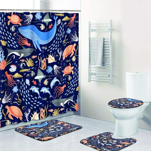 4 Pcs Shower Curtain Set with 12 Hooks, Sea Shells Coral Seashell Vintage, Bathroom Decor Retro Ocean Underwater Starfish Bathing with Non-Slip Rugs Toilet Lid Cover Bath Mat 72"x72"