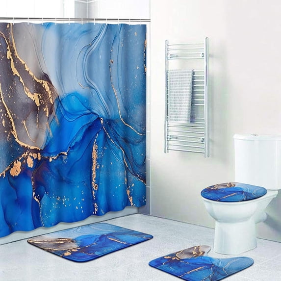 4 Pcs Shower Curtain Set with 12 Hooks, Women Floral Flower Vintage, Bathroom Decor Leaf Blue Botanical Turkish Bathing with Non-Slip Rugs Toilet Lid Cover Bath Mat 72"x72"