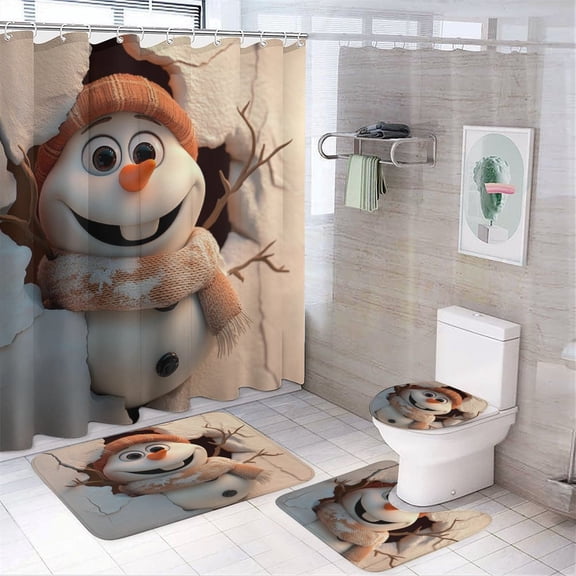 4 Pcs Shower Curtain Set 3D Cartoon Breaking through A Snowman Bathroom Sets with Shower Curtain And Rugs 4 Piece Christmas Decorations Bathroom Decor Set with Accessories 72inch X 72inch
