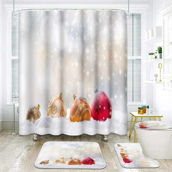 4 Pcs Shower Curtain Set Abstract Christmas White Snow Merry Christmas with Non-Slip Rugs Toilet Lid Cover and Bath Mat Bathroom Decor Set 72" x 72"