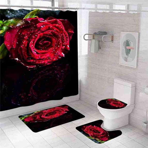 4 Pcs Shower Curtain Set Bathroom Curtain with Hooks Soft Mat Set Carpet Rugs Romantic Valentine's Day Home Decor