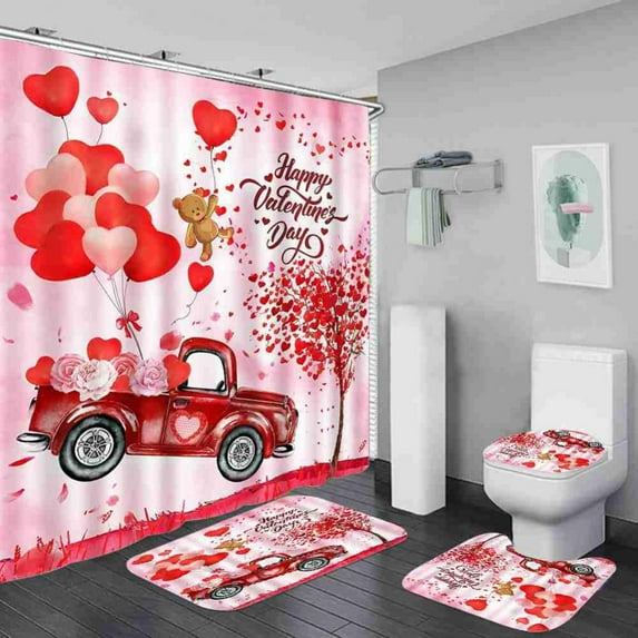 4 Pcs Shower Curtain Set Bathroom Curtain with Hooks Soft Mat Set Carpet Rugs Romantic Valentine's Day Home Decor