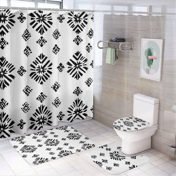 4 Pcs Shower Curtain Set Bathroom Decor Set with Non-Slip Rugs Toilet Lid Cover And Bath Mat Black And White Traditional Seamless Pattern Waterproof Bath Curtain Versatile Black And White Prints