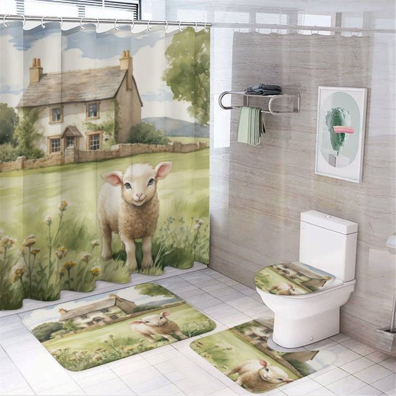 4 Pcs Shower Curtain Set Bathroom Decor Set with Non-Slip Rugs Toilet Lid Cover And Bath Mat Cute Sheep And House Waterproof Shower Curtain Animals Lovers for Bathroom Decor