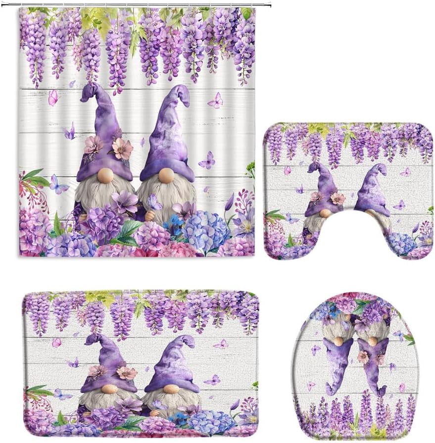 4 Pcs Shower Curtain Set for Bathroom Lavender Gnome Watercolor Purple Floral Butterfly Rustic Wooden Board Spring Nature Plant Fabric Shower Curtains Toilet Lid Cover and Bath Mat Bathroom Decor