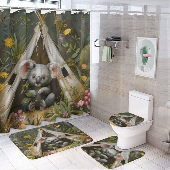4 Pcs Shower Curtain Set Bathroom Sets with Shower Curtain And Rugs 4 Piece Koala In Teepee Waterproof Shower Curtain Koala Australian for Bathtub Decor