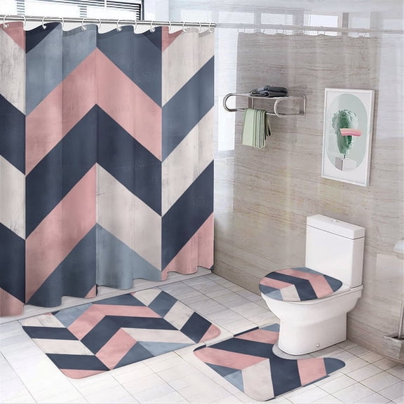 4 Pcs Shower Curtain Set Bathroom Shower Curtain Set with Rugs Chevron Pattern, Pastel Colors, Gray, Pink, And Navy Blue Waterproof Fabric Bath Curtain Geometric Pattern for Bathroom Decor Set