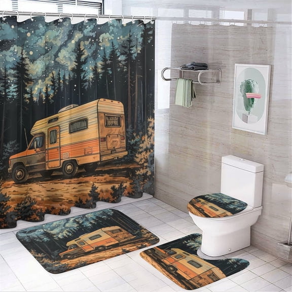 4 Pcs Shower Curtain Set Bathroom Shower Curtain Set with Rugs Happy Camper Waterproof Shower Curtain Camper Trailer Campfire for Bathroom Decor Set