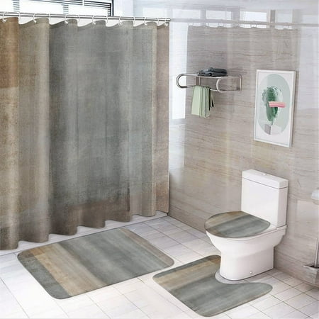 4 Pcs Shower Curtain Set Abstract Beige Grey Brown Painting with Rugs Toilet Lid Cover and Bath Mat